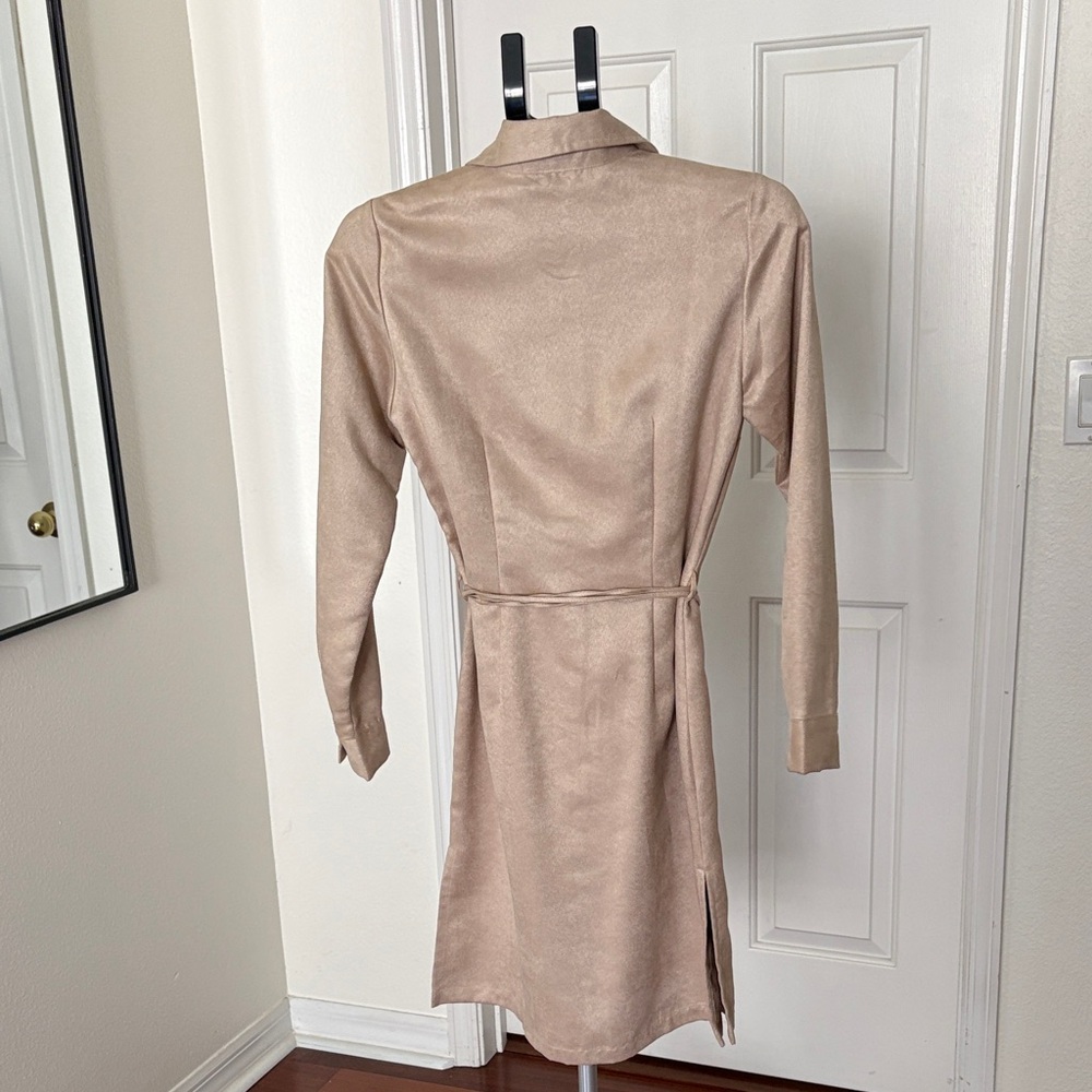 Taupe Suede Look Long-Sleeve Shirt Dress with Removable Tie Belt - Picture 2 of 5